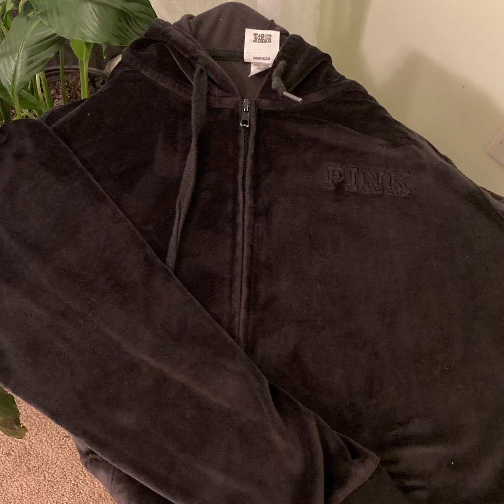 PINK BY VICTORIA'S SECRET Women's Large Velvet Zip Up Hoodie Black